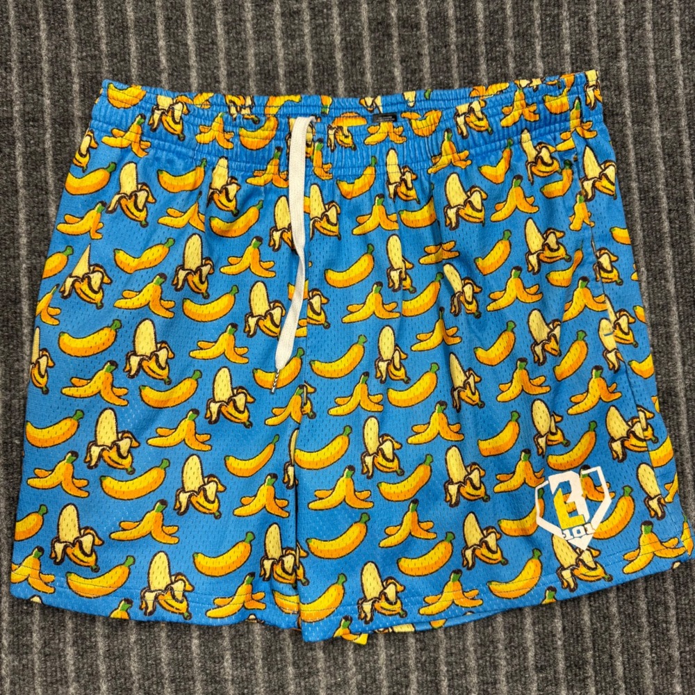 B101 Apparel Mens Mesh Shorts Large Blue Banana Print Athletic Gym Streetwear